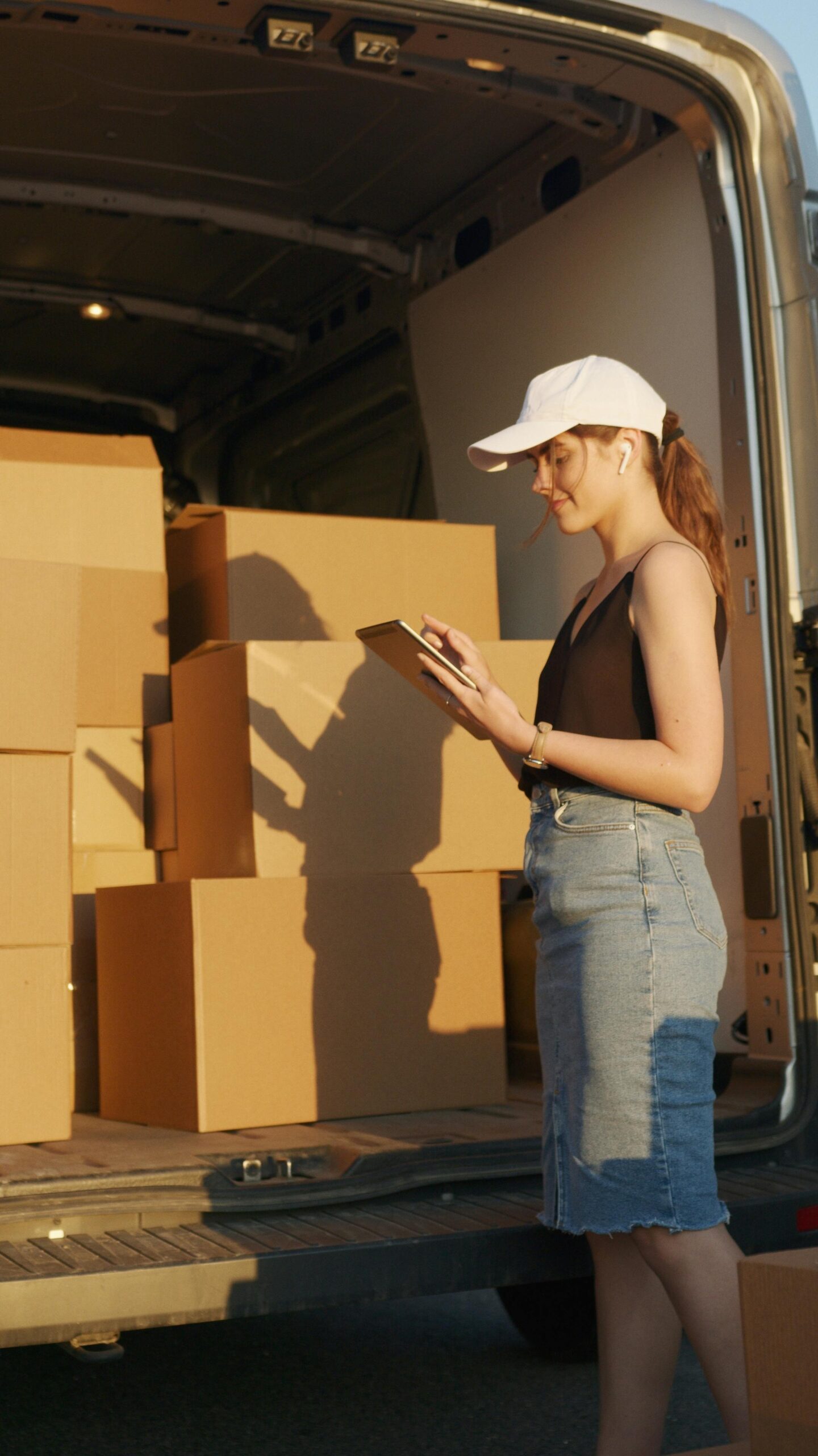Une femme se tient à l'arrière d'une camionette remplie de cartons de déménagement.